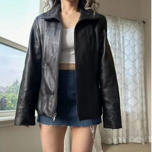 JONES NEW YORK Black Leather,Front Zip Women's Jacket,SizeM